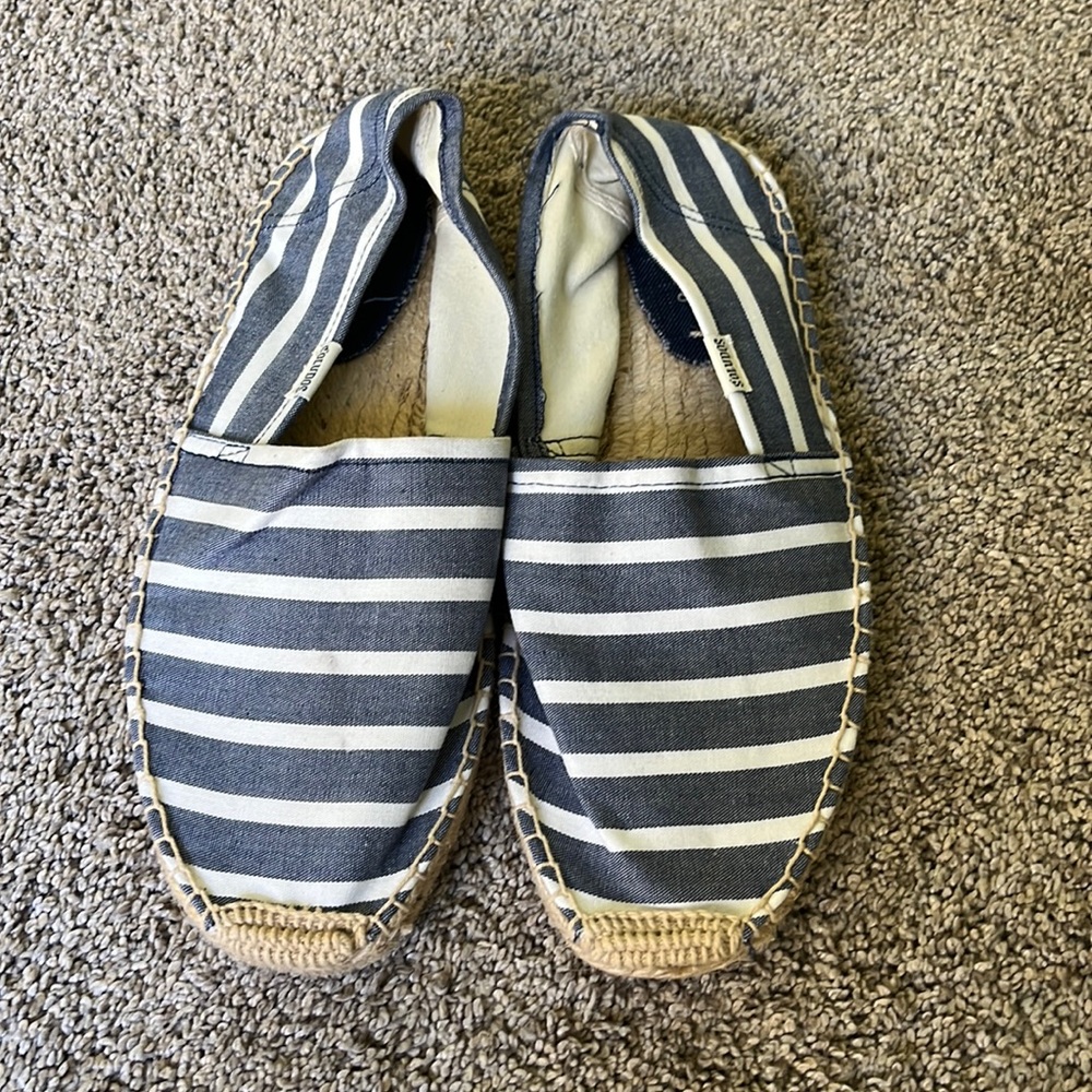 Soludo denim and white striped flats. Super cute shoes.